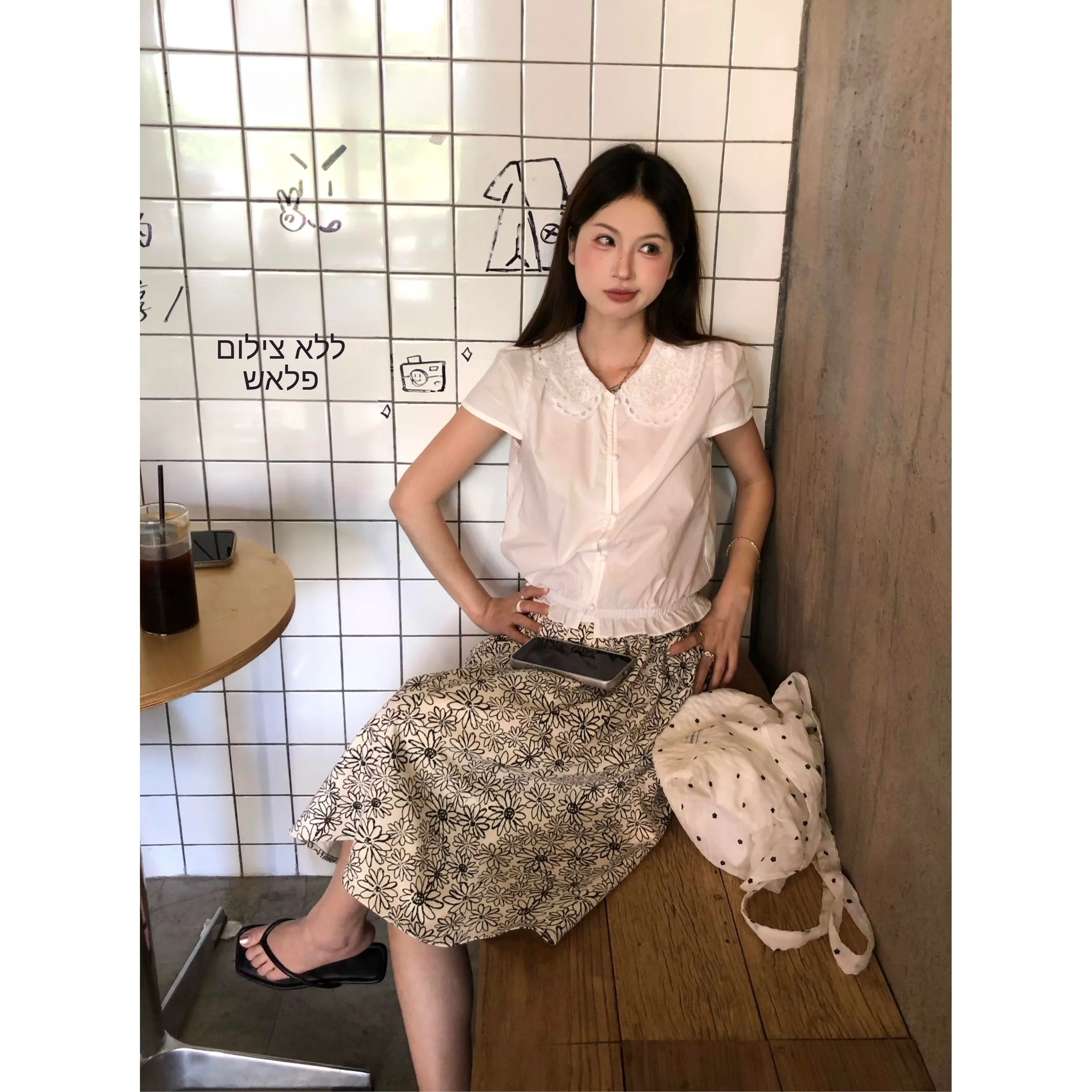 

Retro Lace Trim Doll Collar Blouse Women's A-Line Floral Half Skirt Summer New Style Breathable Polyester Short Sleeve Button up