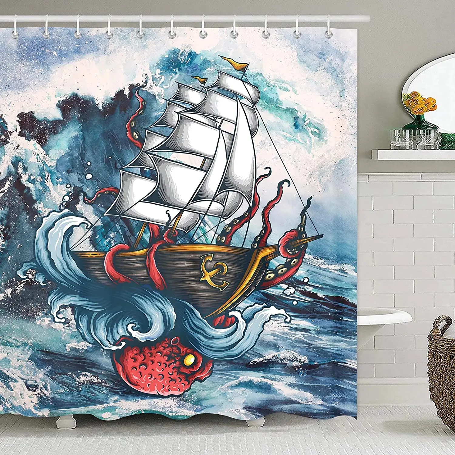 Octopus Shower Curtain Ocean Animal Sailboat Ship Sea Wave Bathroom Decor With Hooks Waterproof Polyester Machine Washable