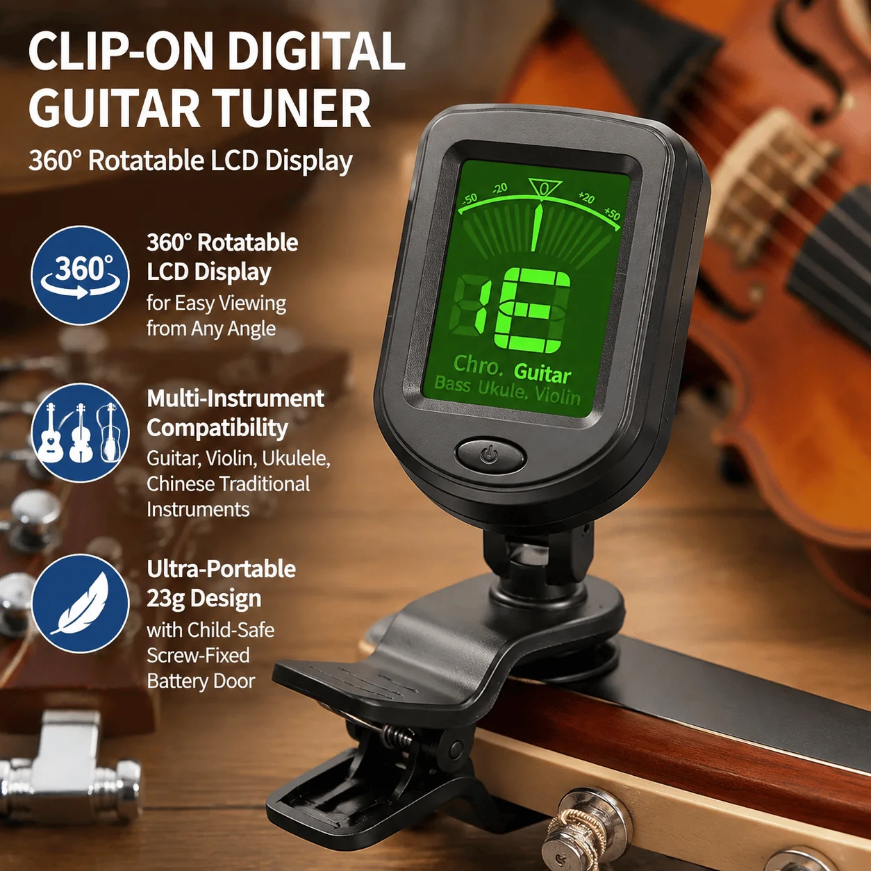 Guitar Tuner Clip-On Digital Chromatic 360 Rotatable LCD Display Portable Multi-Instrument Tuner Guitar Ukulele Violin Bass