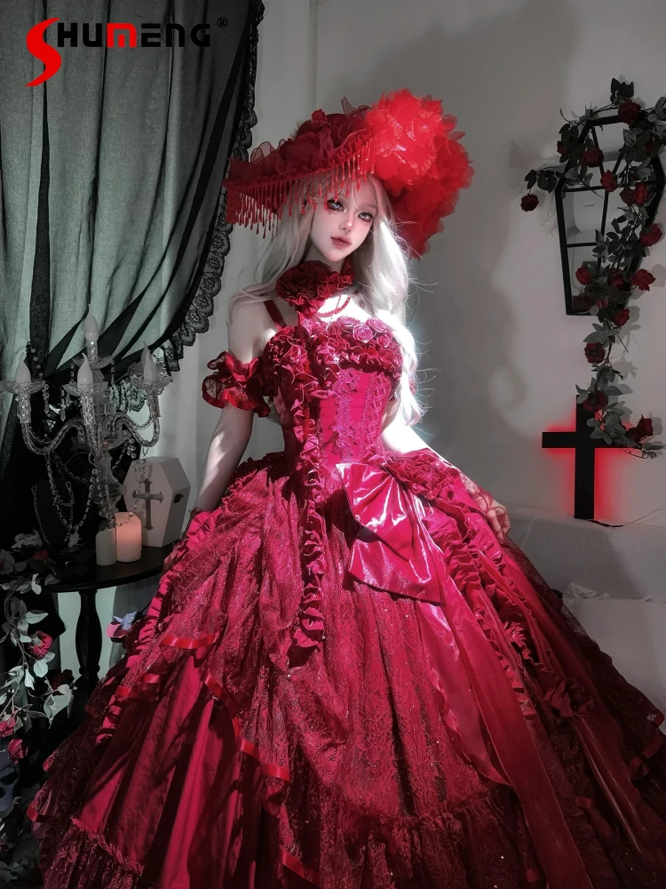 

Original Halloween Cos Burgundy Fish Bone Flower Wedding Dress Lolita Girl Women's Fairy Lace Bow Slim Maxi Long Party Dresses