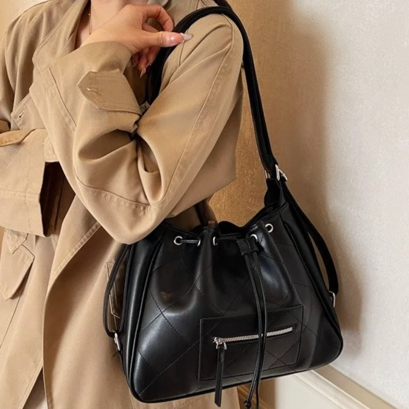 

Retro-Inspired Quilted Leather Bucket Bag Drawstring Closure Vintage Vibes Perfect for Coffee Runs & Errands Purses and Handbags