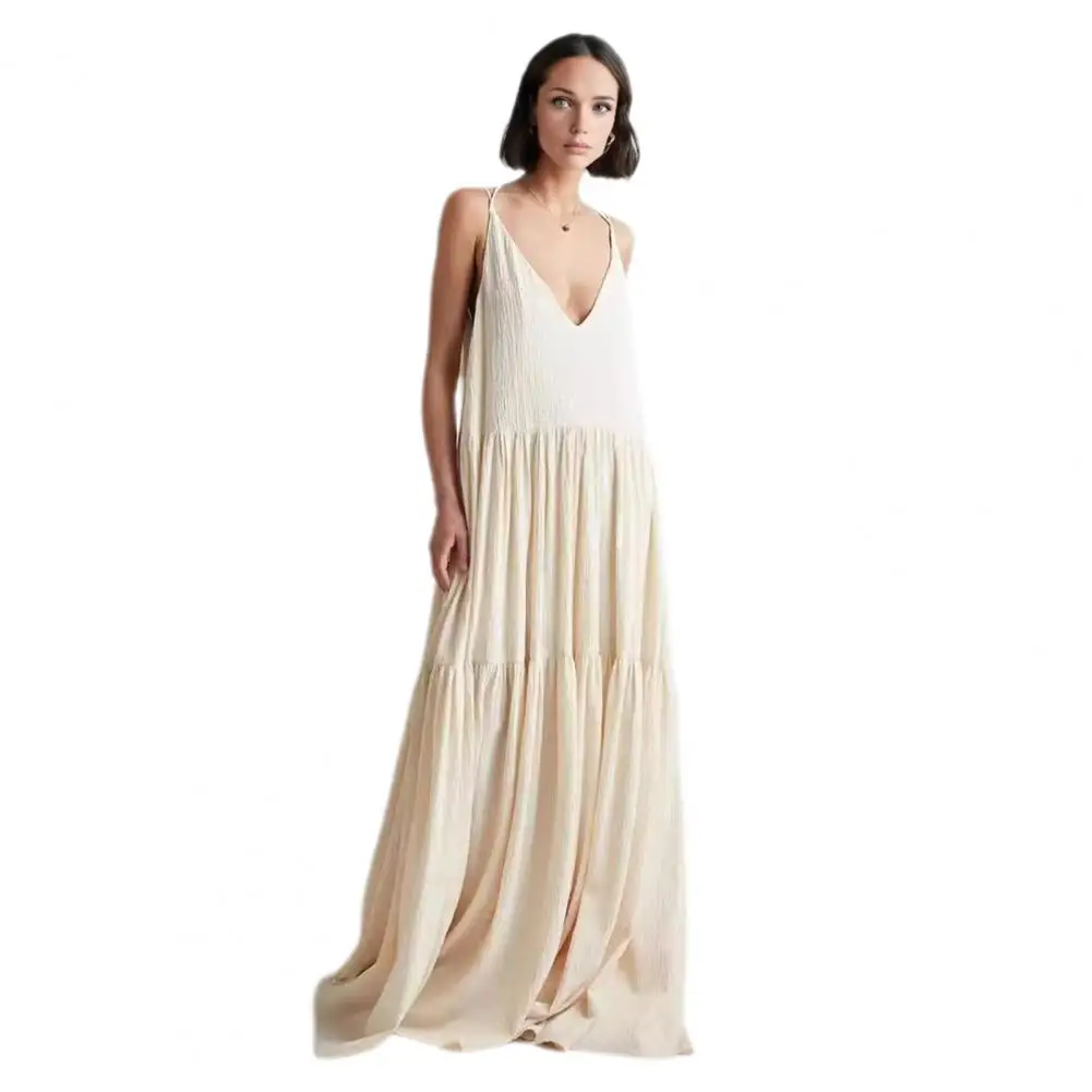 

A-line Dress Stylish Resort Wear Maxi Dress with V Neck Backless Design for Women Pleated Vacation Strappy Dress for Beach