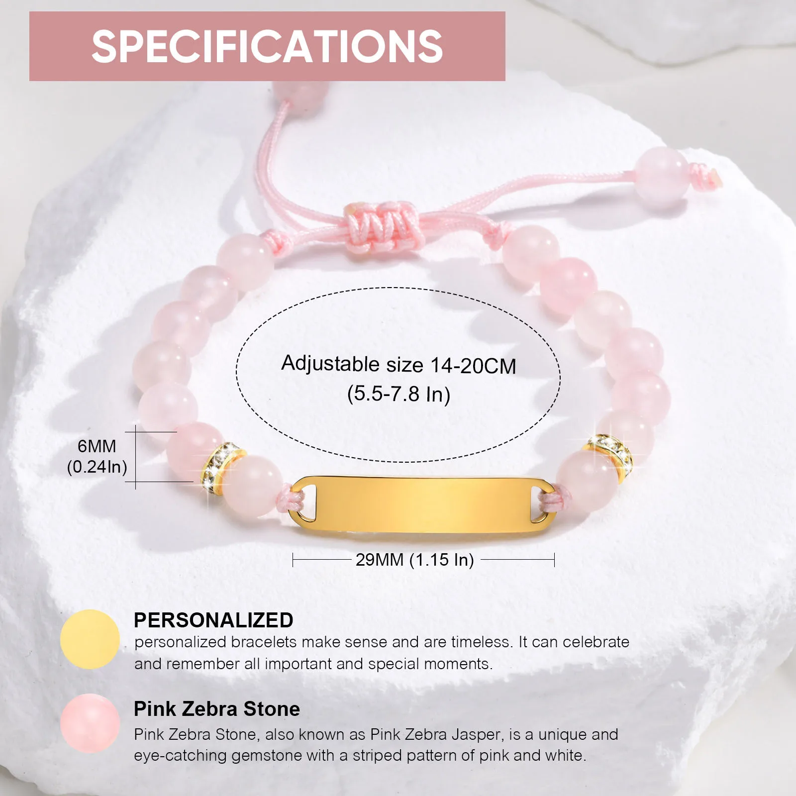 Vnox Free Personalized Girl Name Bracelets, Custom Anti Allergy Stainless Steel Pink Beads Bracelet for Boy Girls Birthday Gifts
