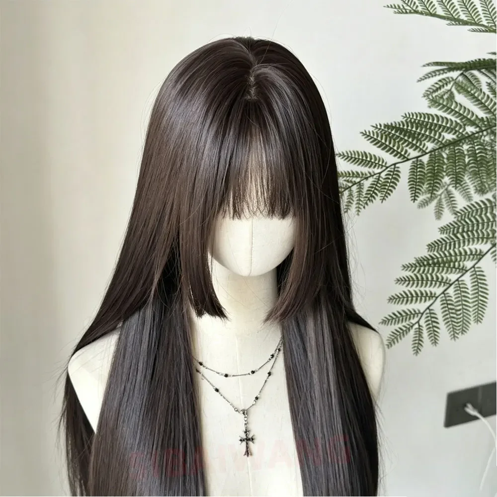 Women Black Hime Cut Long Straight Wig with Air Bangs Heat Resistant Synthetic Natural Looking Wigs for Cosplay Party Halloween