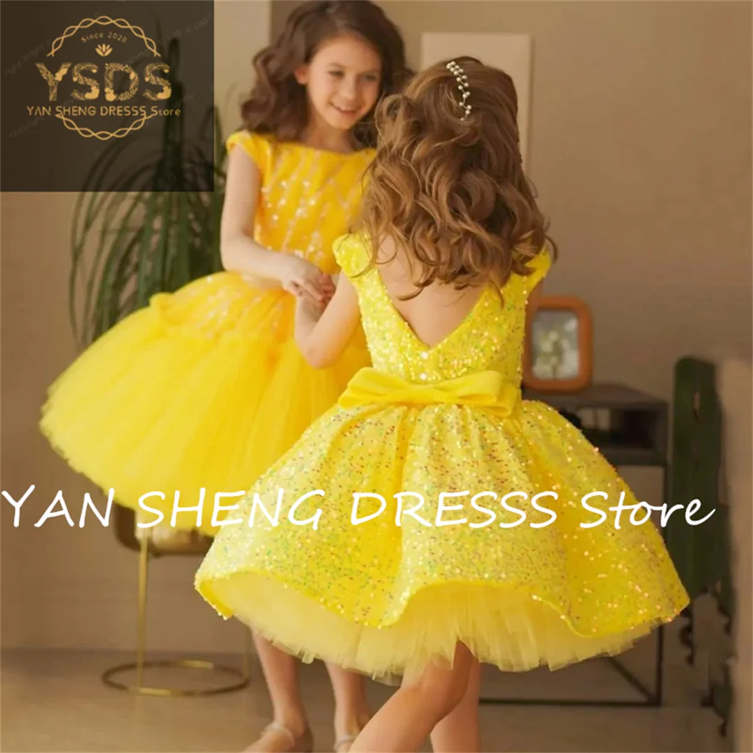 Yellow Short Child Flower Girl Dress Sequin Kids for Wedding Party First Communion Gown Cap Sleeve Ceremonial Dress Ball Gown