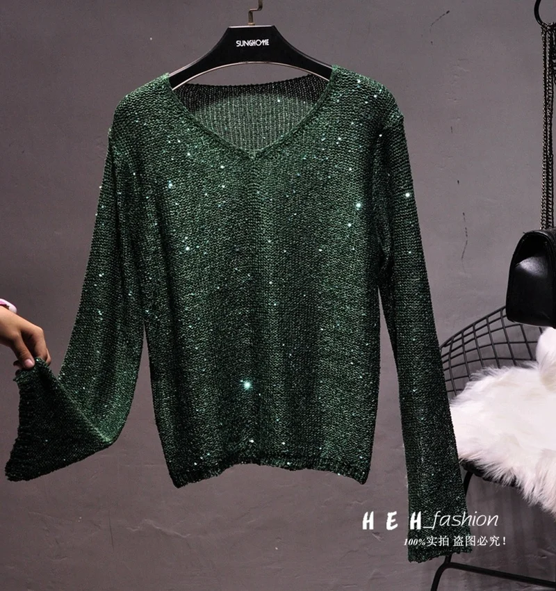 Women Clothes Korean Fashion Knitted Sweater Pullover Sequins Glittering Hollow-out Sweater Sleeve V-neck Horn