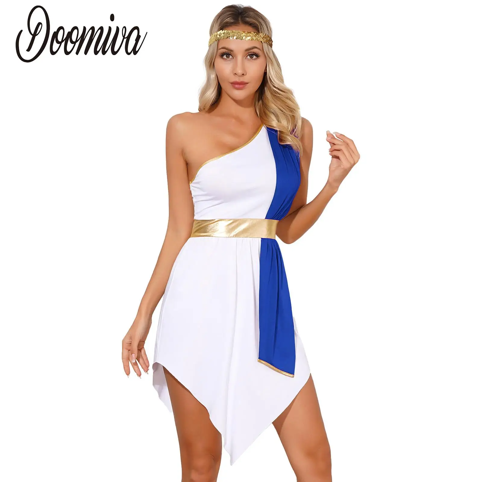 Womens Greek Toga Queen Grecian Dress Ancient Roman Cosplay Halloween Costumes Lyrical Dance Robe Dress with Gold Headband