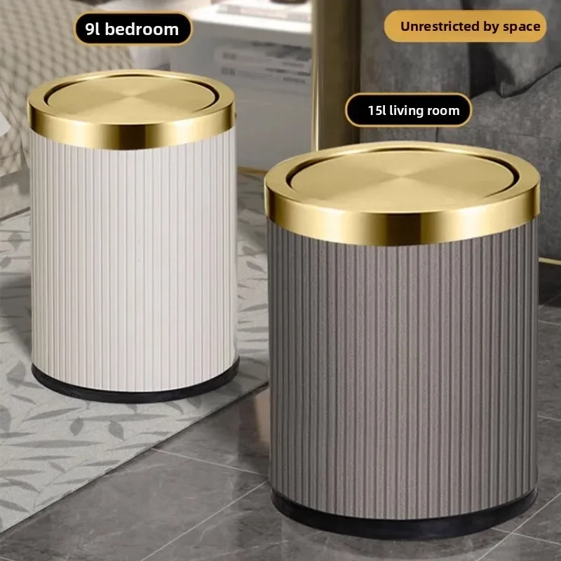 Leather Bathroom Trash Can Flip-Top Waste Basket Creative Bedroom Paper Basket Luxury Living Room Garbage Can for Home