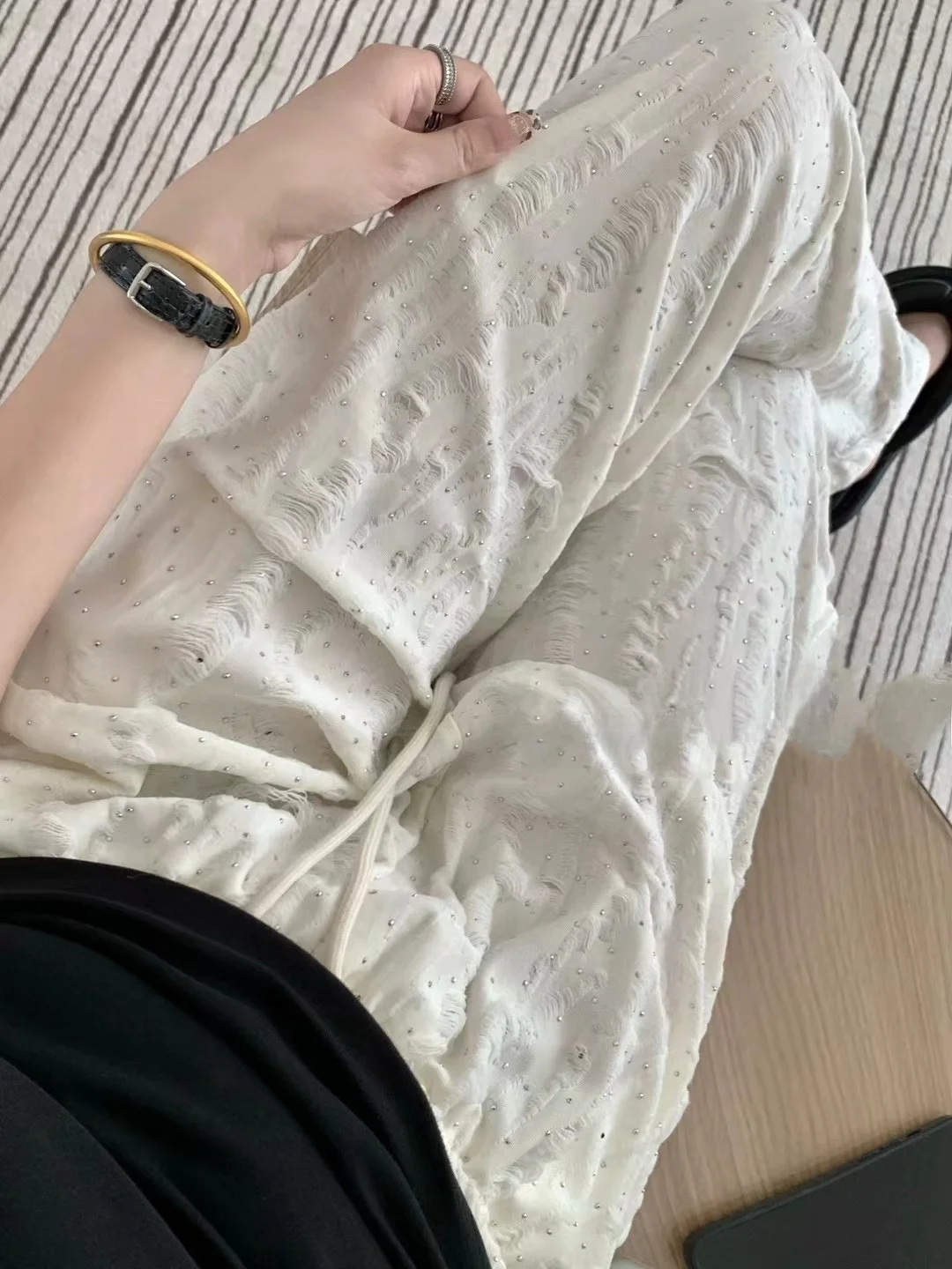 

plus Size Wide Leg Pants Women's Summer Dstring High Waist Drapey Casual Diamond Studded Straight Long Pants Big Girls