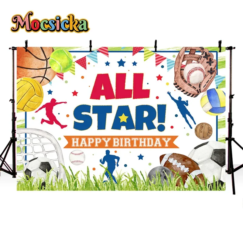 Mocsicka All Star Boys Happy Birthday Photography Backdrop Ball Games Background Fabric Cake Smash Studio Props Indoor Banner