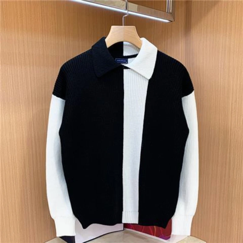 Autumn Winter Fashion Turn-down Collar Long Sleeve Patchwork Contrast Color Pullovers Men\'s Clothing Korean Knitting Korean Tops