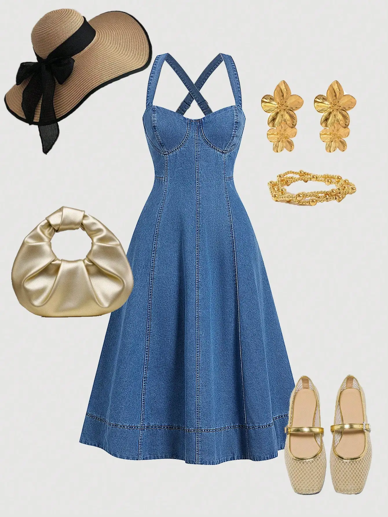 

Women's Denim Camisole Dress Casual Fitted Mid-Length Blue Vintage Style