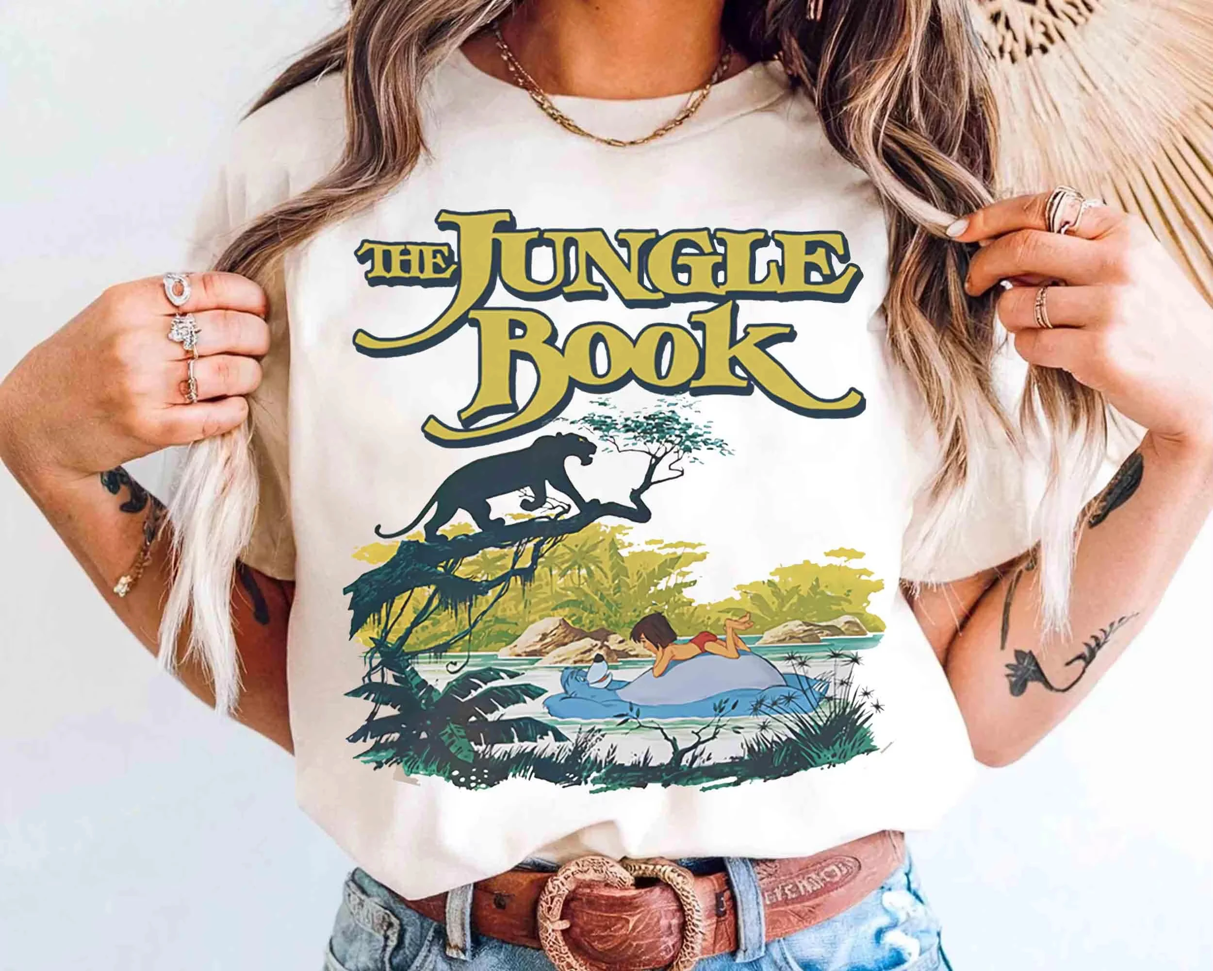 Disney mujeres hombres el libro de la selva Mowgli Baloo Bagheera cómic Retro camisa Magic Kingdom camiseta Unisex
