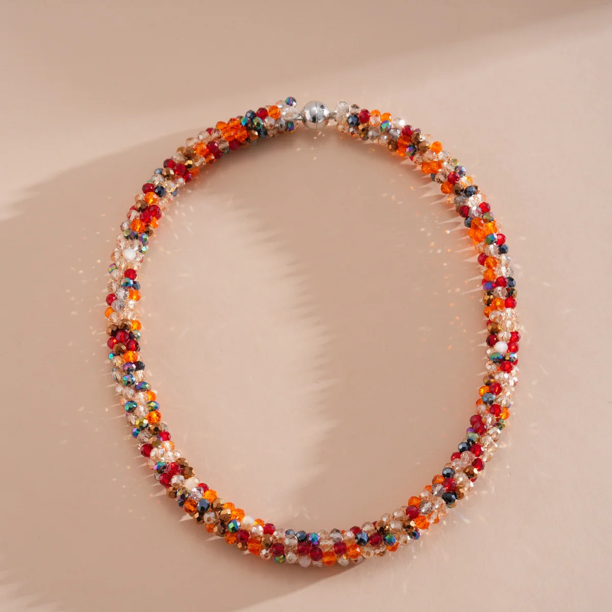 Chunky Twisted Spiral Faceted Crystal Glass Beaded Short Choker Necklace Warm Sunset Color Scheme Autumn Winter Daily Jewelry
