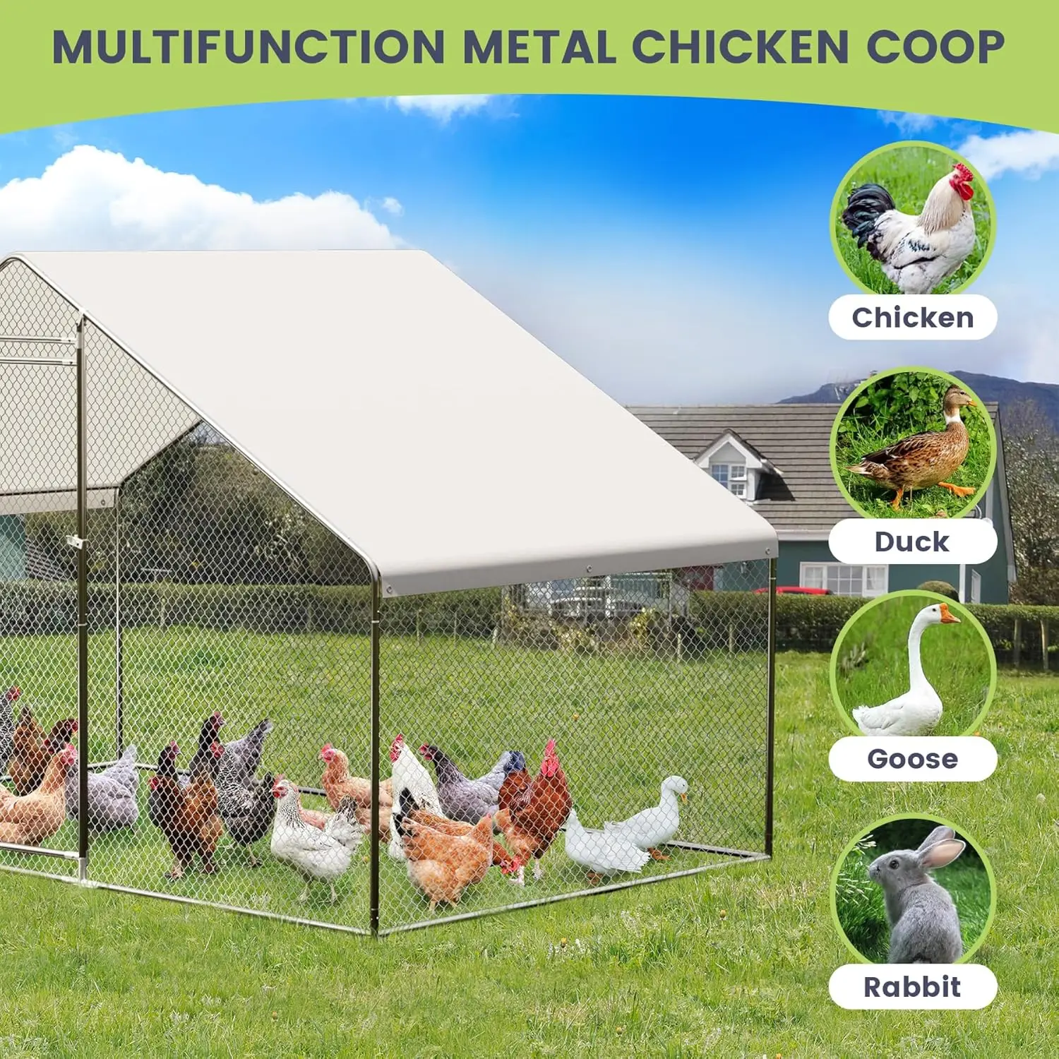 Large Metal Chicken Coop, Walk-in Poultry Cage, Chicken House with Waterproof and Anti-Ultraviolet Cover for Outdoor Yard Farm