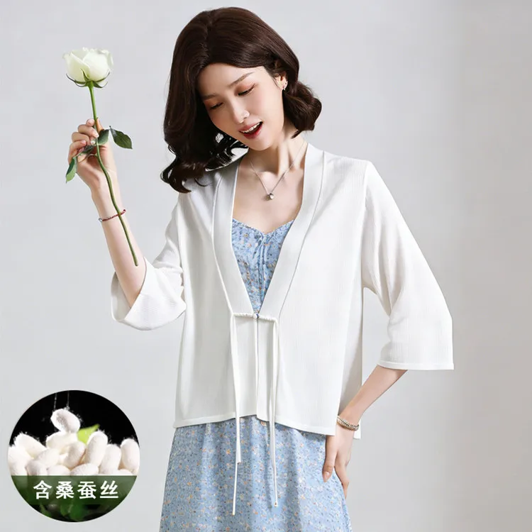 Lady Lyocell fiber 48% mulberry silk 7% Knitwear 2026 Summer Simple Solid Breathable Knitting Comfortable Knit Shawl Cardigan