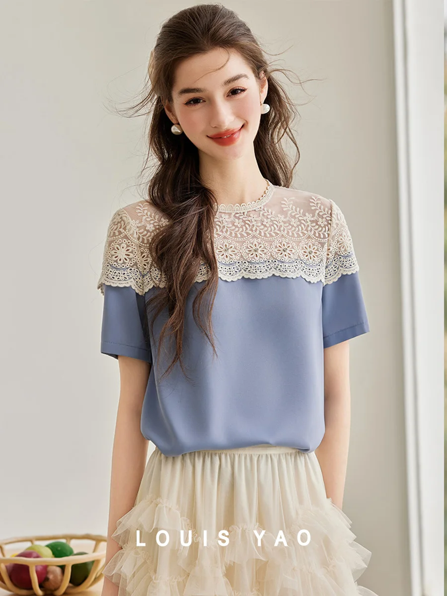LOUIS YAO Women's Shirt 2025 Summer Shoulder Hollow Lace Design T-shirt Elegant Temperament Round Neck Short Sleeve Thin Shirt