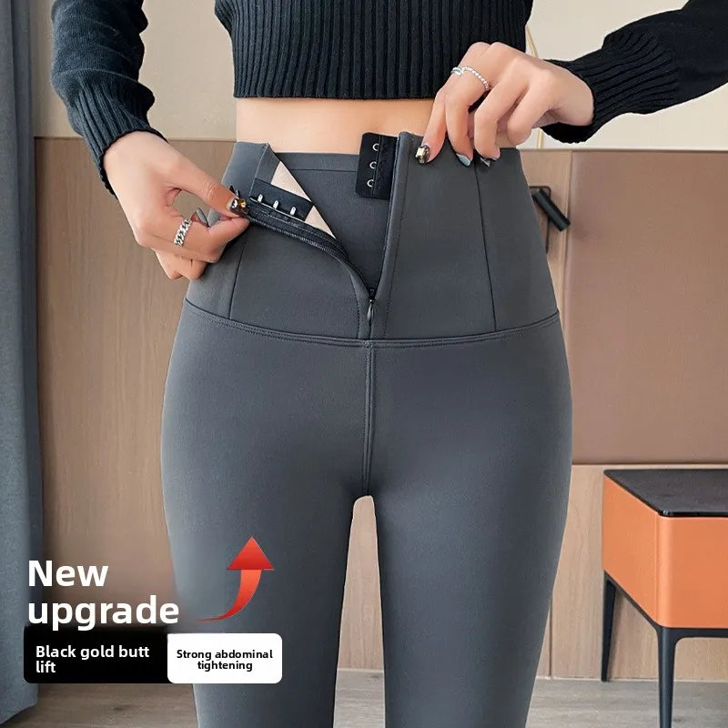 Zipper abdominal pants for women in autumn and winter, with thick fleece and leggings, tight Barbie pants for outerwear