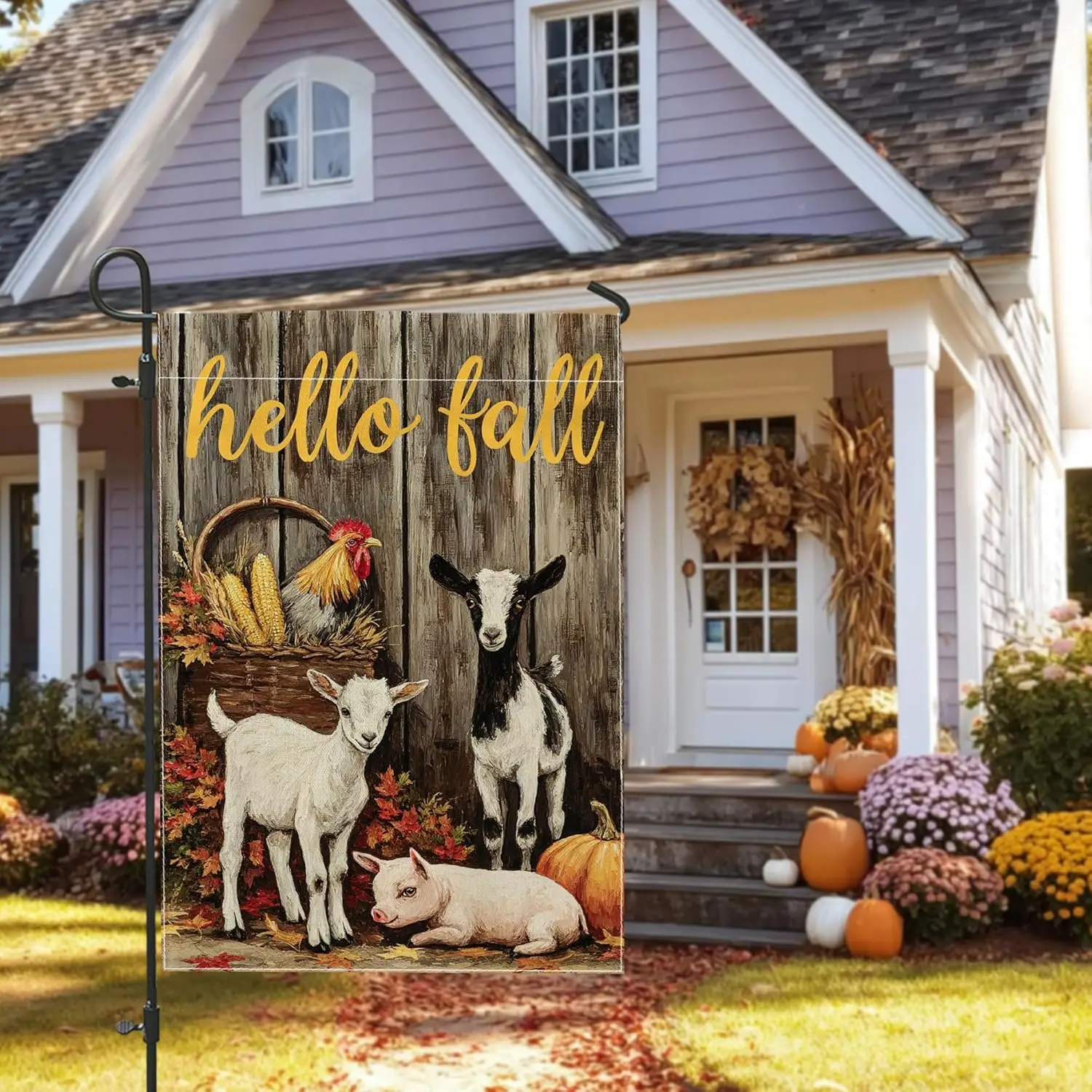 Hello Fall Farm Animals Garden Flag, Rustic Goats Pig Pumpkin Decor for Autumn, Double Sided Burlap Yard Flag, Outdoor Lawn  MME