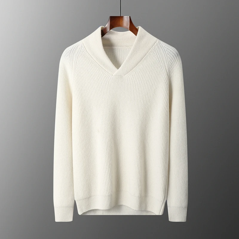 Autumn Winter Men's Cashmere Sweater Pullover Shawl Collar V Neck Vertical Ribbed Knit Classic Elegant Regular Casual Knit Top