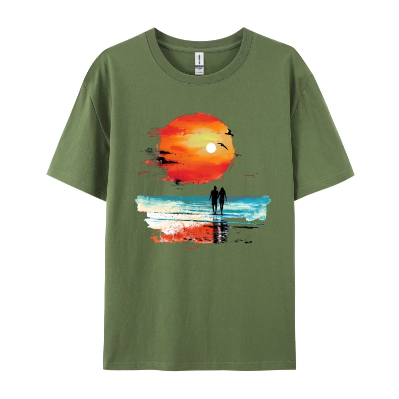 Sunset Beach Walk T-shirts Silhouettes Unique Pure Cotton O-Neck Man Tops Shirt Designer Mother Day T Shirt Thanksgiving