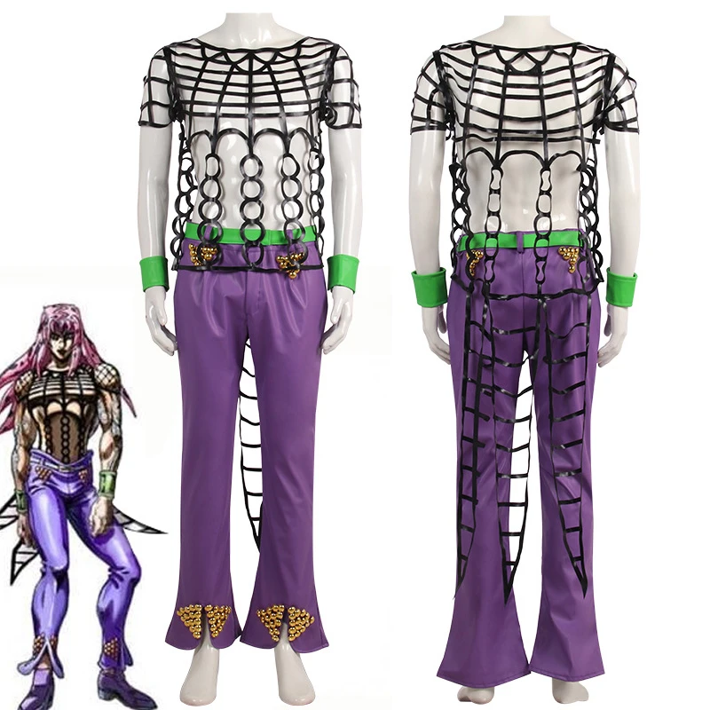 Anime JOJO Diavolo Cosplay Kostüm für Erwachsene Männer Schwarzes Ketten-Oberteil Lila Hose Outfit Halloween Karneval Anzug
