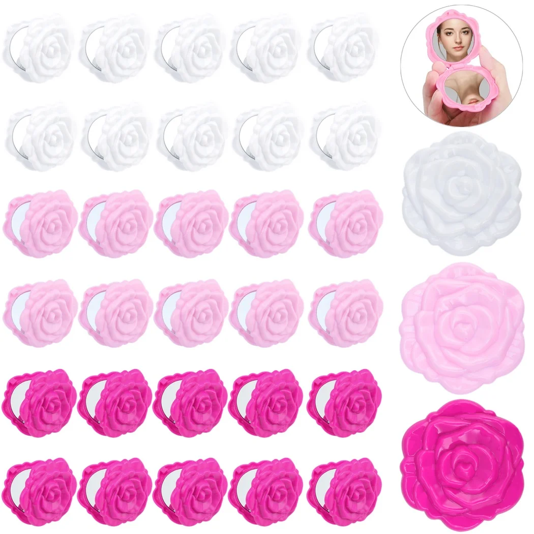 30Pcs Compact Mirrors 2.6” Mini Rose Flower Makeup Mirror Double-Sided Handheld Pocket Mirror Small Foldable Cosmetic Mirror