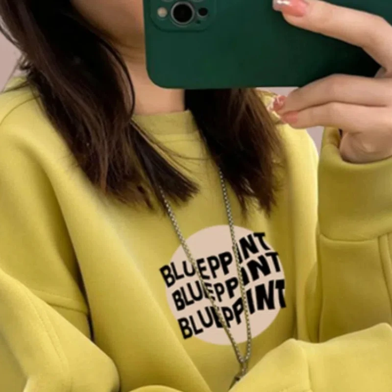 Letter Printing Autumn Winter Round Neck Solid Color Pullover Lantern Long Sleeve Casual Women\'s Clothing Hoodies Korean Tops