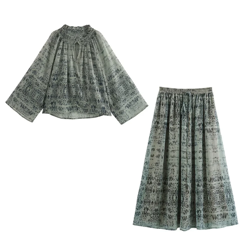 PB&ZA2024 Summer New Product Women\'s Wear European and American Style Metallic Line Bohemian Style Shirt Skirt Set