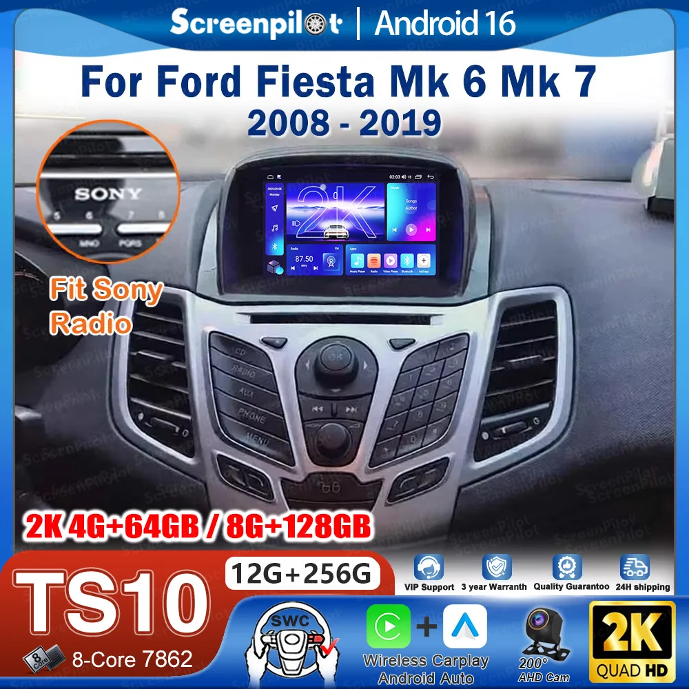Autoradio Android 16 pour Ford Fiesta Mk 6 Mk 7 2008 - 2019 Lecteur multimédia vidéo GPS Navigation Écran tactile