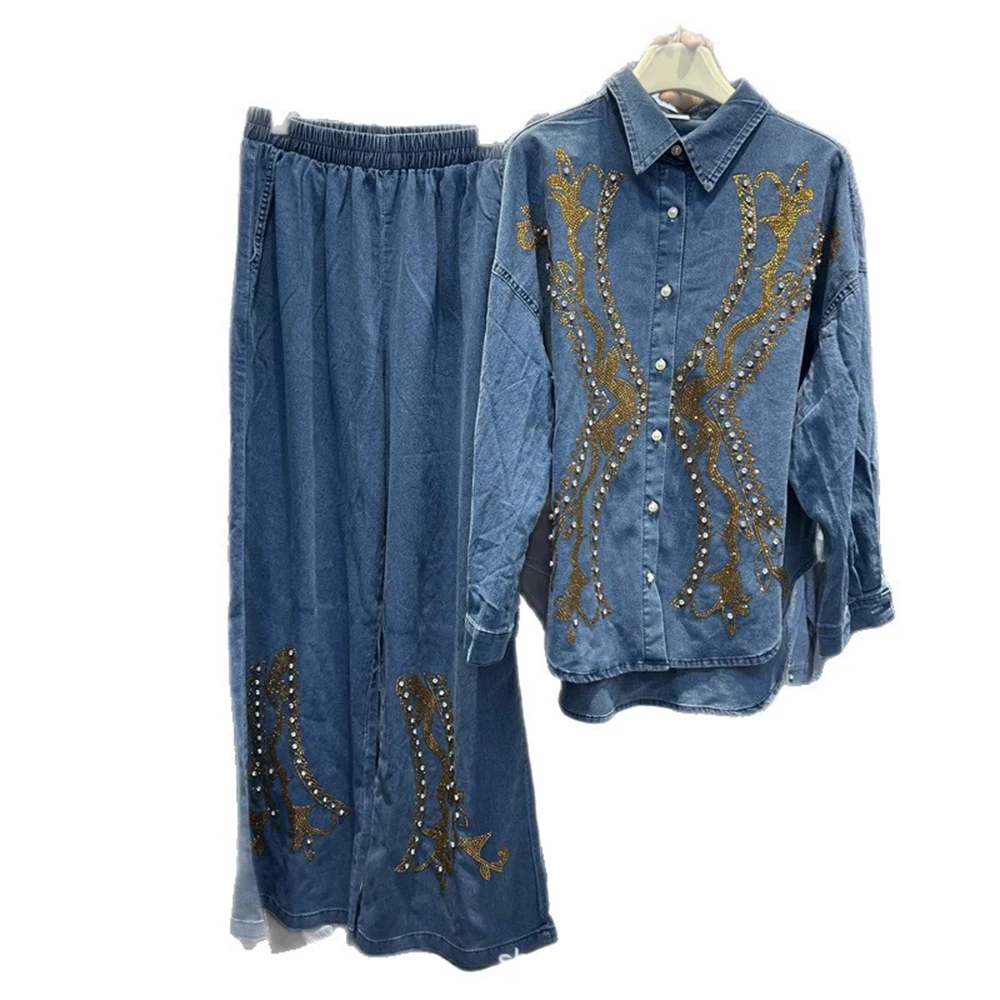 European design hot diamond diamond loose denim long-sleeved shirt top + elastic waist trousers two-piece suit for women-GZTZ001