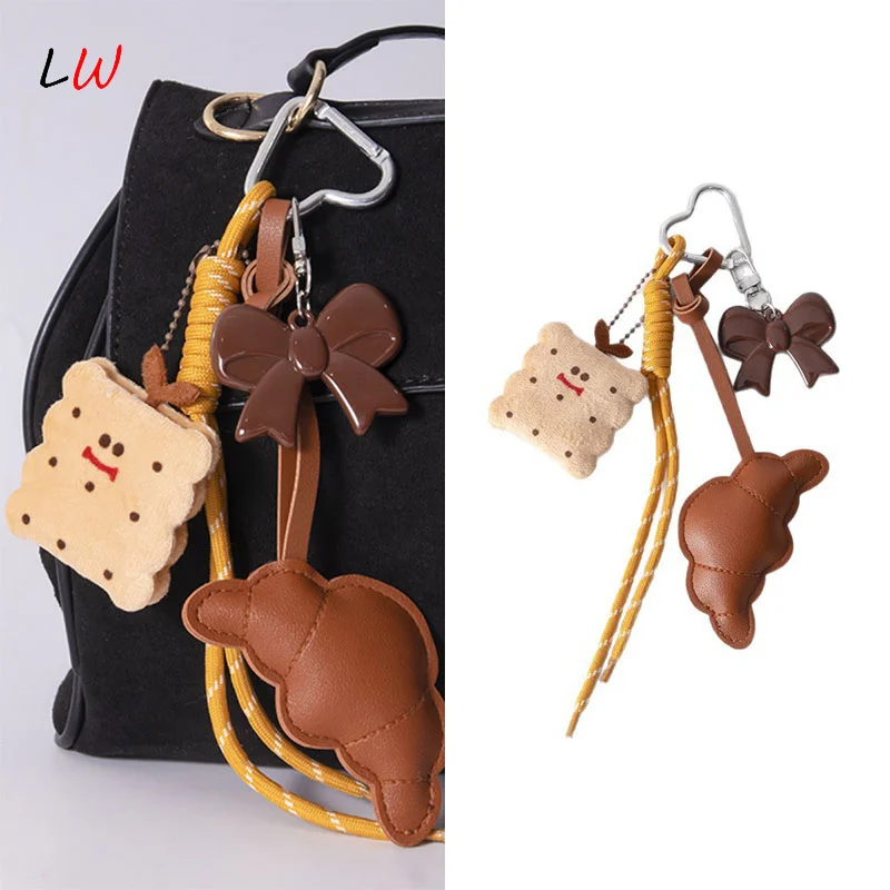 

Cute Toast Croissant Pendant Leather Bow Keychain Colorful Braided Rope Car Interior Accessories Diy Home Decor Pendant