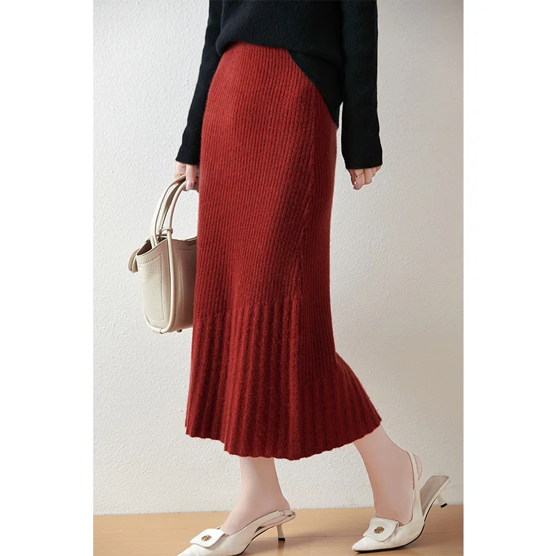 

100% Wool Skirt For Women French Fashion Warm Autumn Winter High-Quality Knitted Hip Hugging Skirt