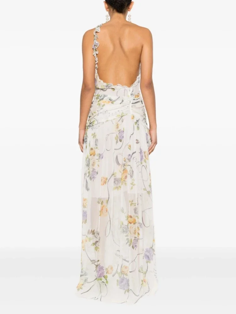 เดรสยาวลายพิมพ์เปิดไหล่ข้างเดียวสำหรับฤดูร้อน ดีไซน์เว้าหลัง แขนกุด แต่งระบายดอกไม้ ผ่าข้าง ทรงเข้ารูป เหมาะสำหรับงานปาร์ตี้ตอนเย็น