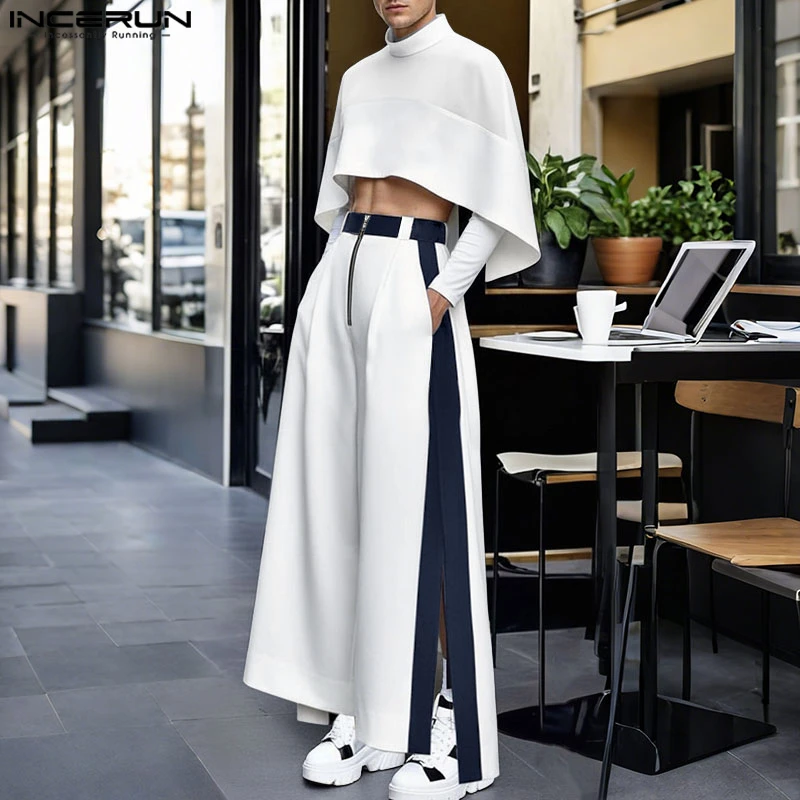 INCERUN Männer Sets Patchwork Rollkragen Unregelmäßige Crop Hemd Mantel & Breite Bein Hosen 2PCS Streetwear Lose Mode Lässig Männer Anzüge