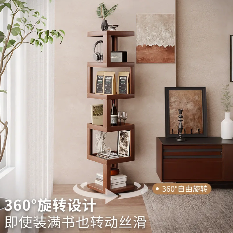 360 Degree Rotating Solid Wood Bookshelf Floor Standing Corner Bookcase All-in-One Wall Leaning Narrow Storage Shelf for Living
