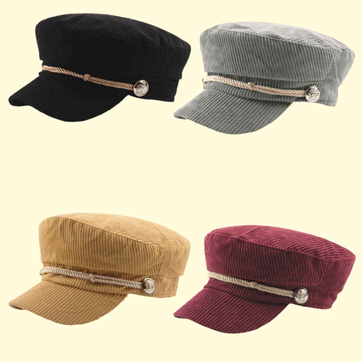 

Autumn and Winter Simplicity Newsboy Hat Retro Solid Color Stripes Flat Top Hat Rope Decoration Soft Comfortable Director's Hat