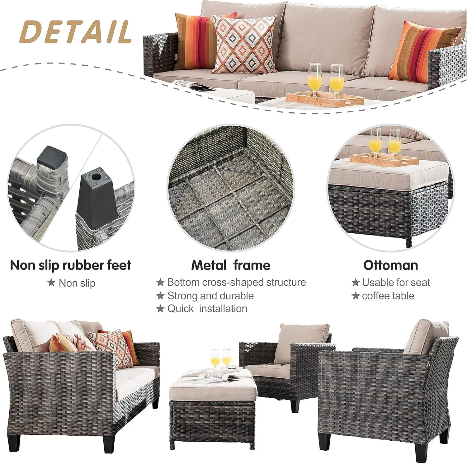 Patio Furniture Set, 5 Pieces Outdoor Wicker Rattan Sofa Couch with Chairs, Ottomans and Comfy Cushions