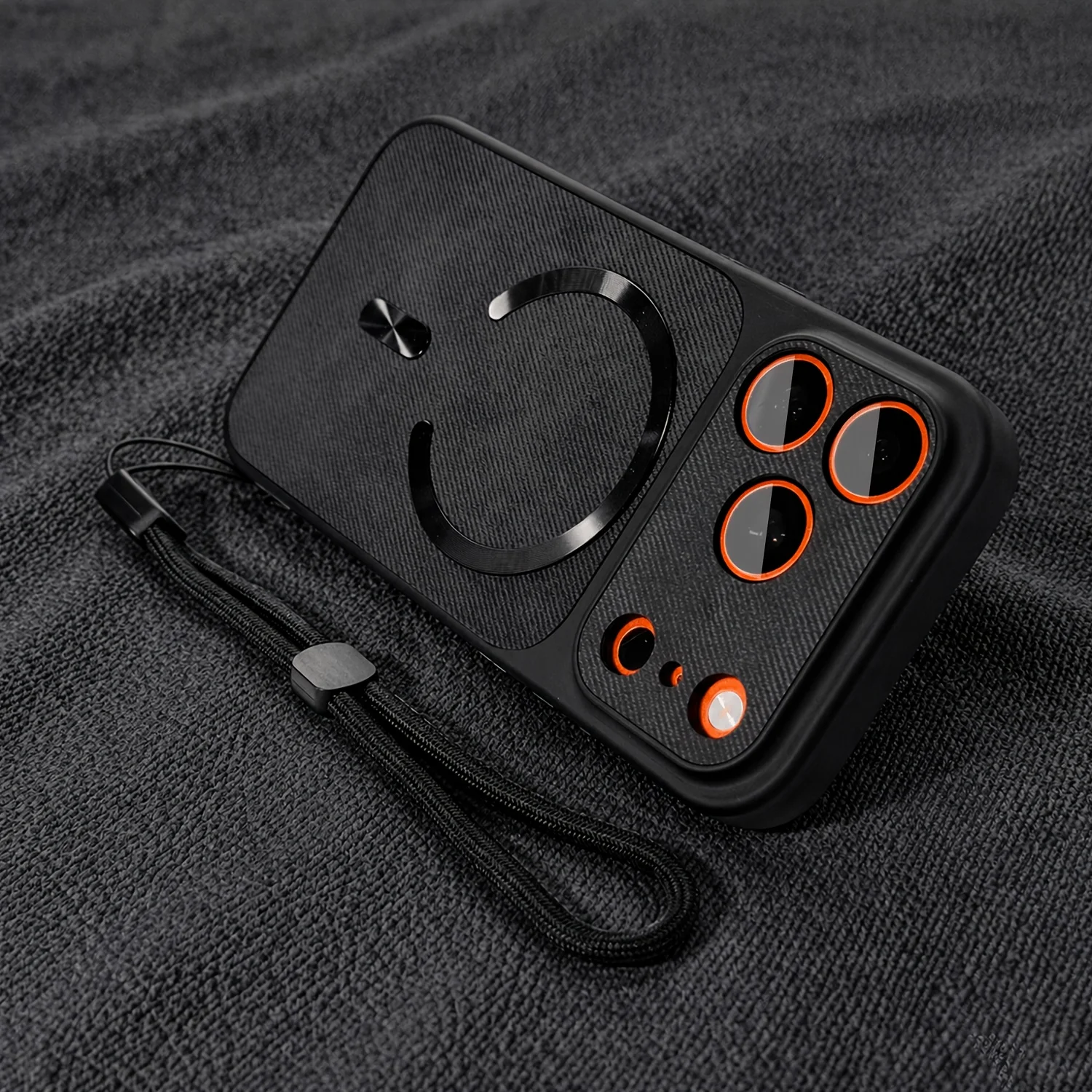 Luxury Orange Fabric Magnetic Phone Case For iPhone 17 Air 16 15 14 13 Pro Max Shockproof Protective Cover With Hand Lanyard