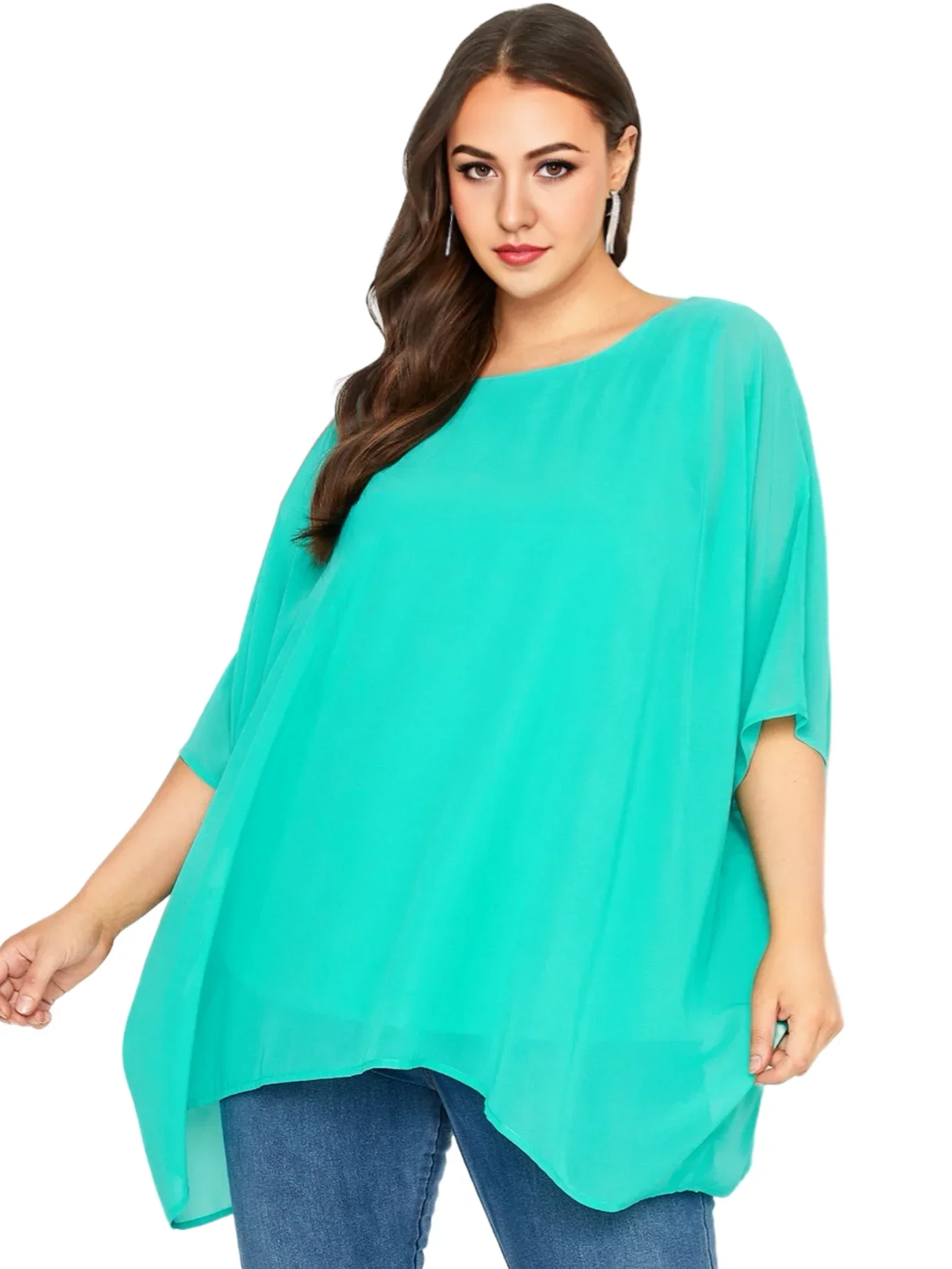 Womens Plus Size Elegant Summer Blouse Batwing Sleeve Oversized Chiffon Blouse Scoop Neck Large Size Casual Tunic Top Shirt 7XL