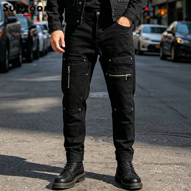

Supzoom New Arrival Hot Sale Top Fashion Autumn Zipper Fly Stonewashed Casual Patchwork Cargo Denim Pockets Cotton Jeans Men