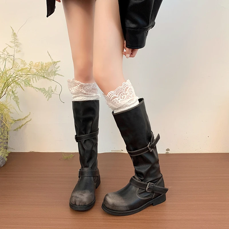 Autumn Winter Vintage Distressed Women Western Cowboy Boots Double Buckle Strap Shoes Ladies Concise Block Heel Long Booties