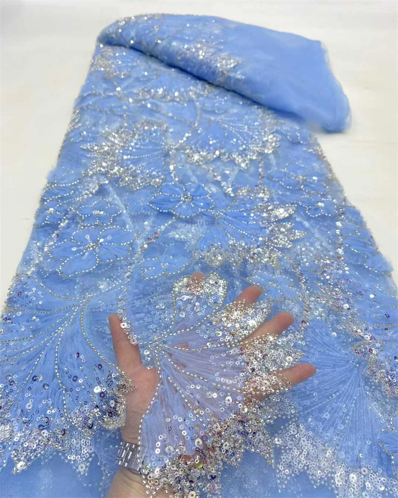 French Net Lace Fabric with Beads Sequins And African Flowers Tulle Mesh for Women's Wedding Party Dresses Custom Tailoring