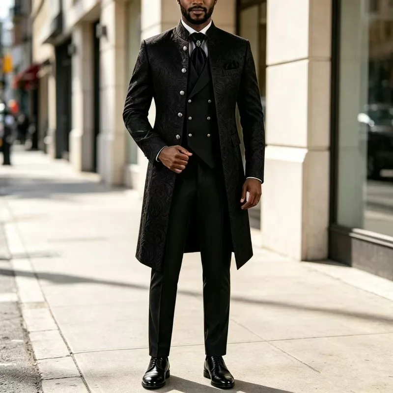Long Floral Pattern Wedding Suits Men 3‑Pieces Single Breasted Groom Tuxedo with Stand Collar Jacket Vest Pants Evening Outfit