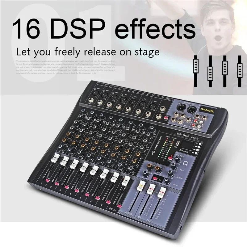 Professional Audio Mixer 8 Channel Mixing Console Bluetooth Sound Board USB Reverb For PC Stage Studio DJ Controller Podcast