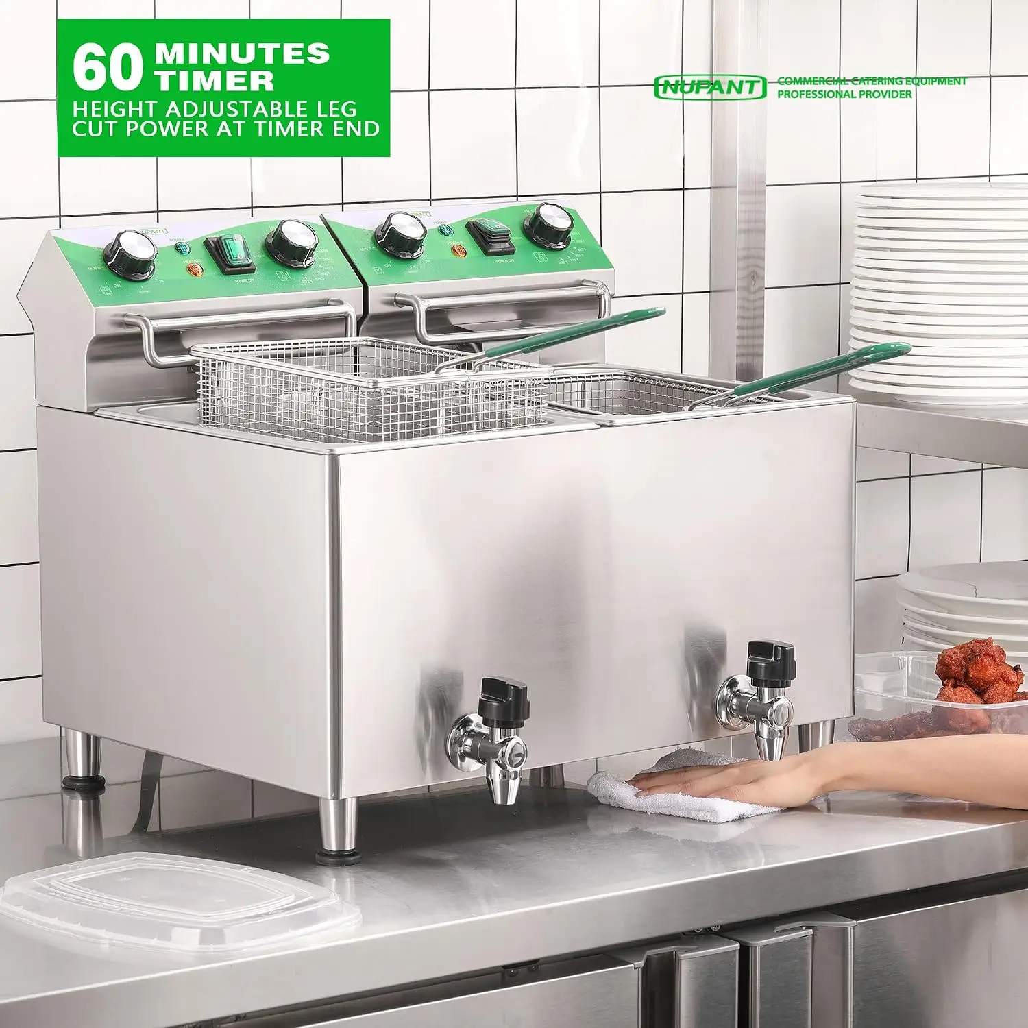 ^25.3QT/24L Commercial Deep Fryer with Oil Filtration and Timer Electric Deep Fryer with 2 Baskets and Lids Dual Tank Stainless 3