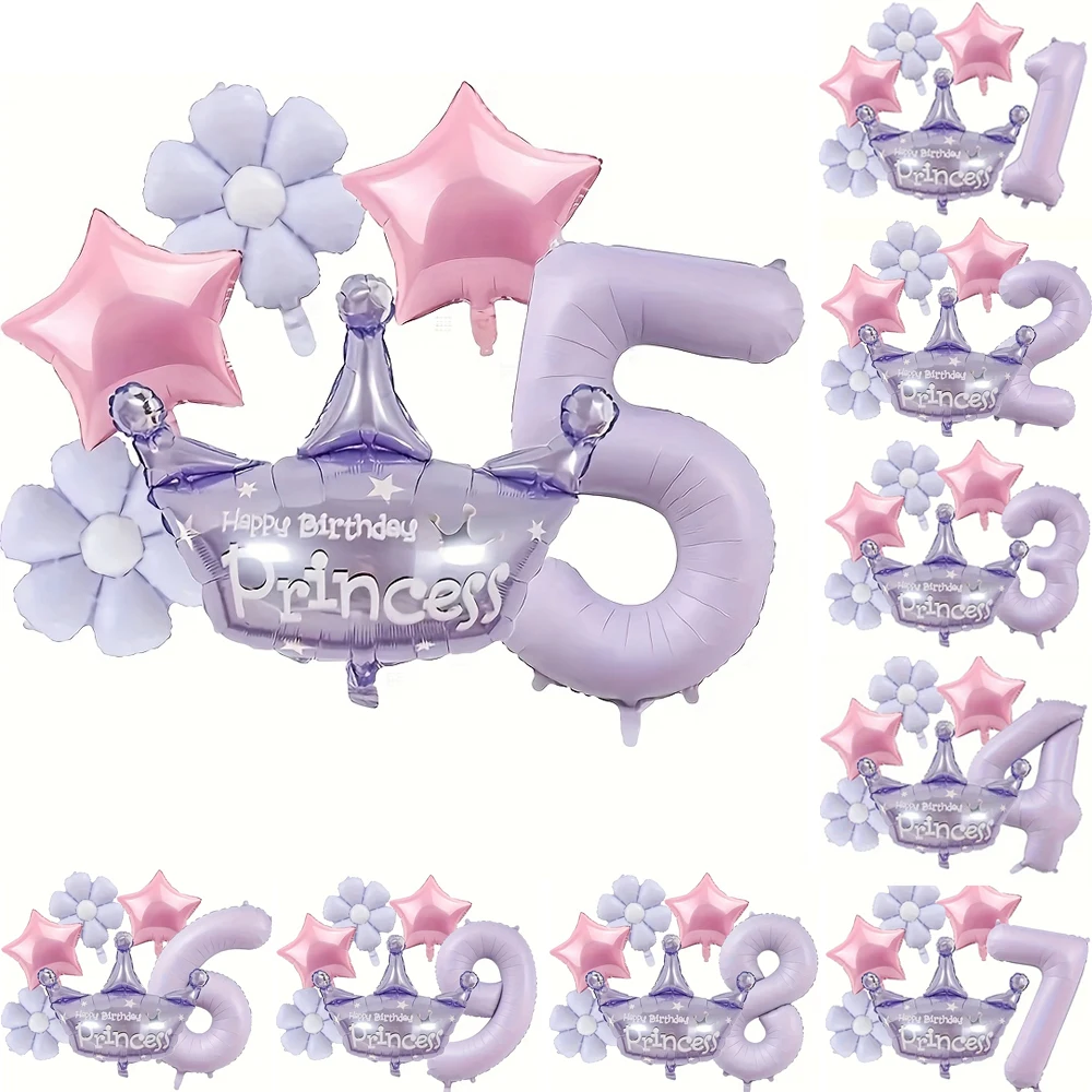 6 Stück lila Prinzessin Krone 40 Zoll digitaler Folienballon Retro matt Gänseblümchenballon für Gartenpartys Geburtstag Hochzeit Party Dekoration