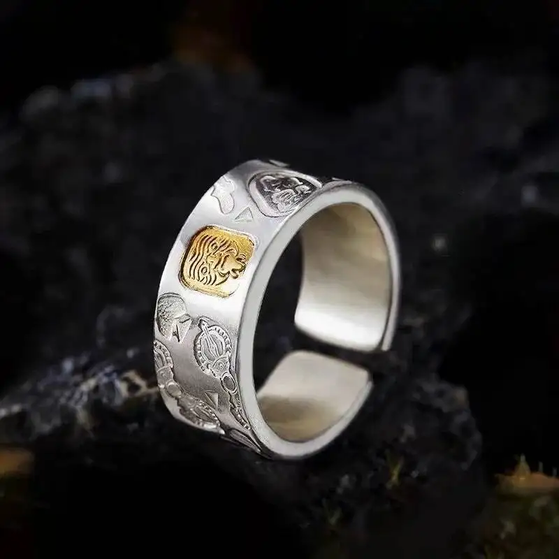 

Real 999 Fine Silver Buddhist God Of Wealth Lucky Open Rings For Men Trendy Versatile Index Finger Ring High-end Ethnic Style