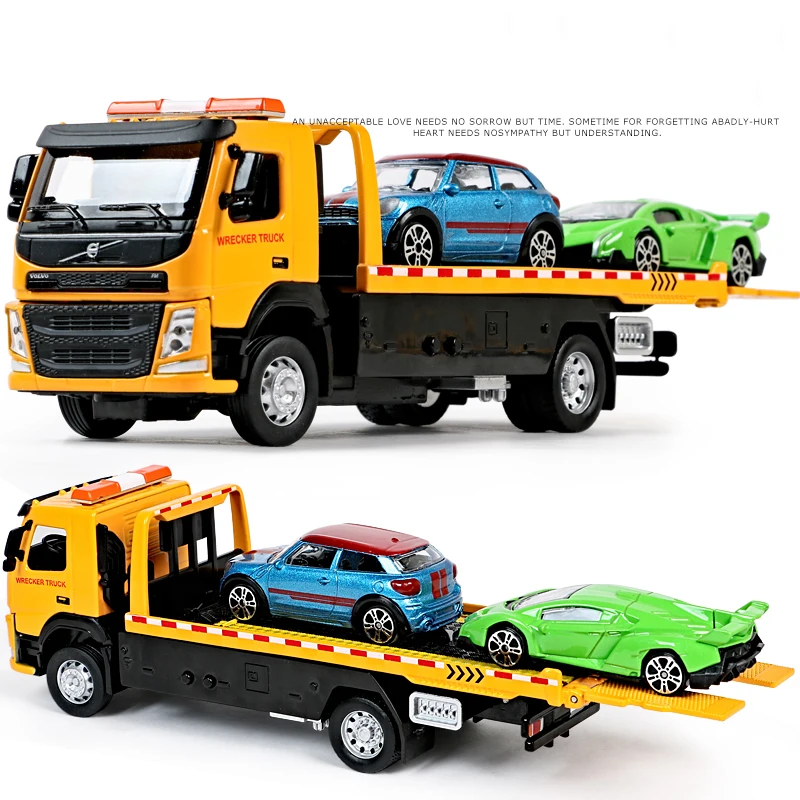 1:50 VAN Type Alloy Trailer Model Simulation Metal Car Transporter Wrecker Truck Pull Back Sound and Light Toy Truck