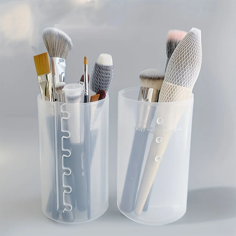 Portable Retractable Makeup Brush Holder with Lid - Transparent and Adjustable Storage Bucket for Easy Access and Organization